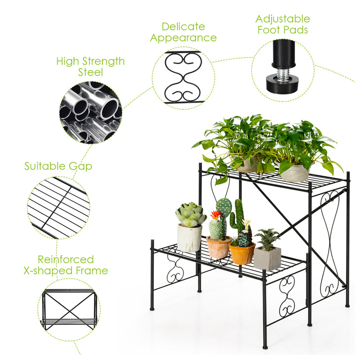 2-Tier Metal Plant Stand Garden Shelf Decorative Plant Rack Patio Garden Image 4