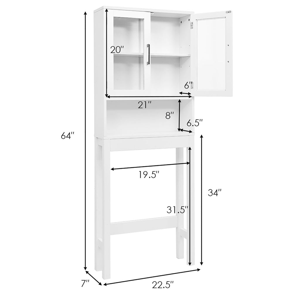 Over the Toilet Storage Cabinet Bathroom Space Saver w/Tempered Glass Door White Image 2