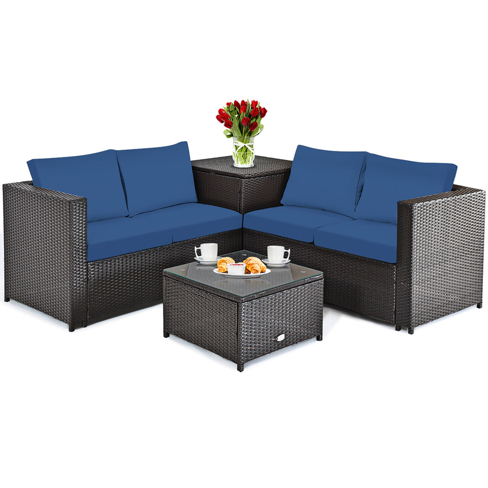 4PCS Patio Rattan Furniture Set Cushioned Loveseat Storage Table Navy Image 2