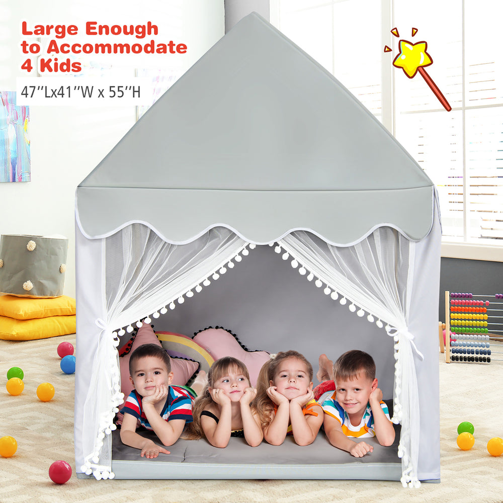 Kids Play Tent Large Playhouse Children Play Castle Fairy Tent Gift w/ Mat Gray Image 2