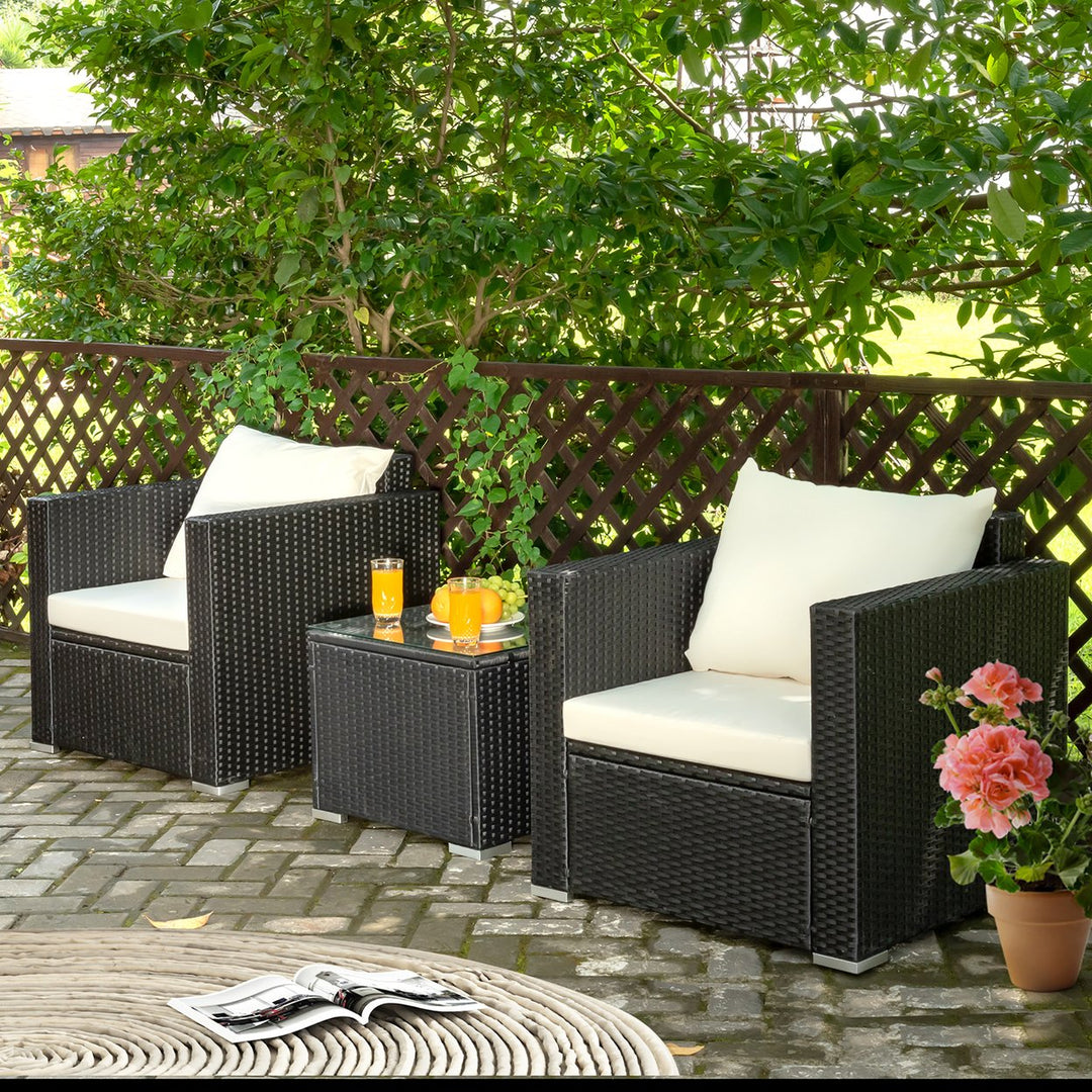 3PCS Patio wicker Furniture Set Conversation Rattan Sofa Set w/Cushion Garden Image 4