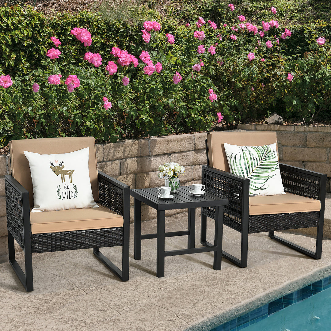 3PCS Patio Rattan Bistro Furniture Set Cushioned Sofa Chair Coffee Table Garden Image 3