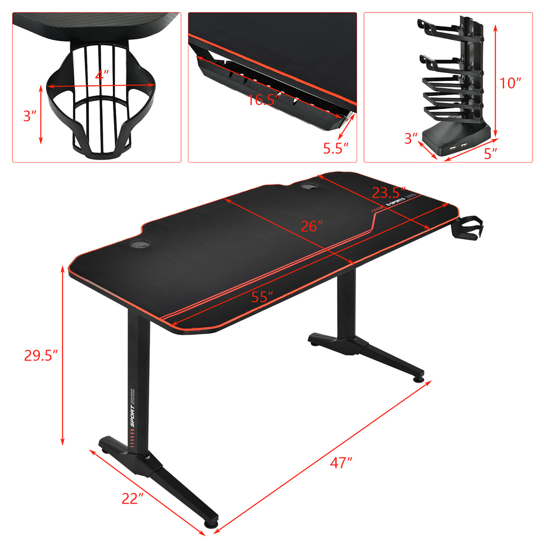 55 Gaming Desk T-Shaped Computer Desk w/Full Desk Mouse PadandGaming Handle Rack Cup HolderandHeadphone Hook Image 3