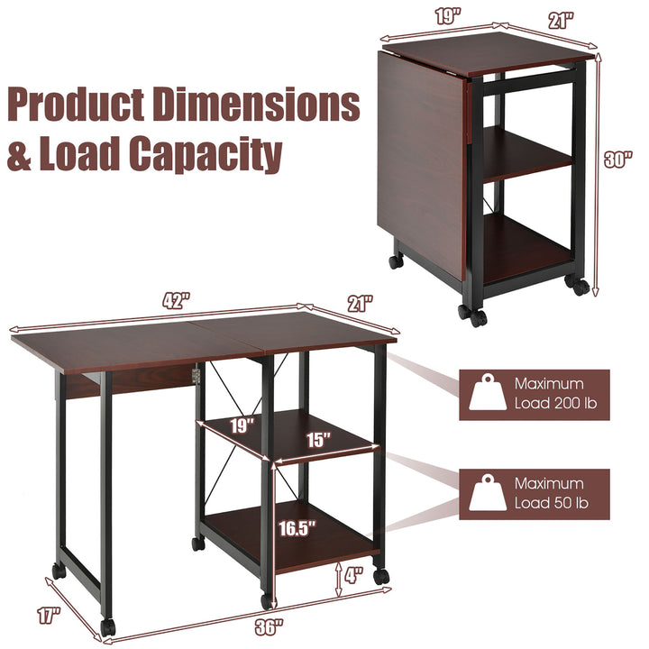 Rolling Computer Desk Folding Writing Office Desk w/ Storage Shelves Image 3