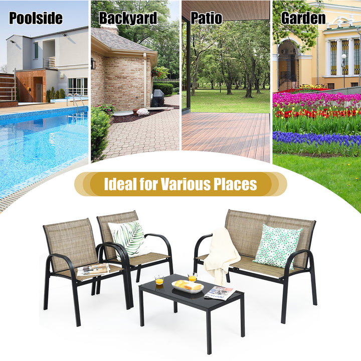 4 PCS Patio Furniture Set Sofa Coffee Table Steel Frame Garden Brown Image 3