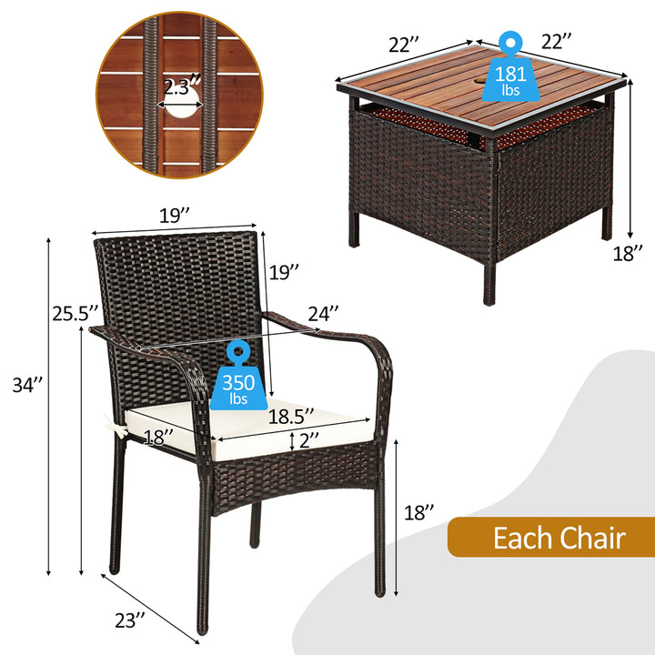 3PCS Patio Rattan Furniture Bistro Set Wood Side Table Stackable Chair Image 2