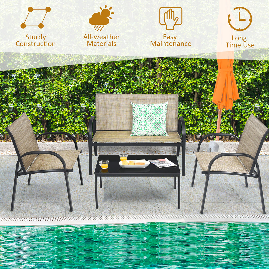 4 PCS Patio Furniture Set Sofa Coffee Table Steel Frame Garden Brown Image 4