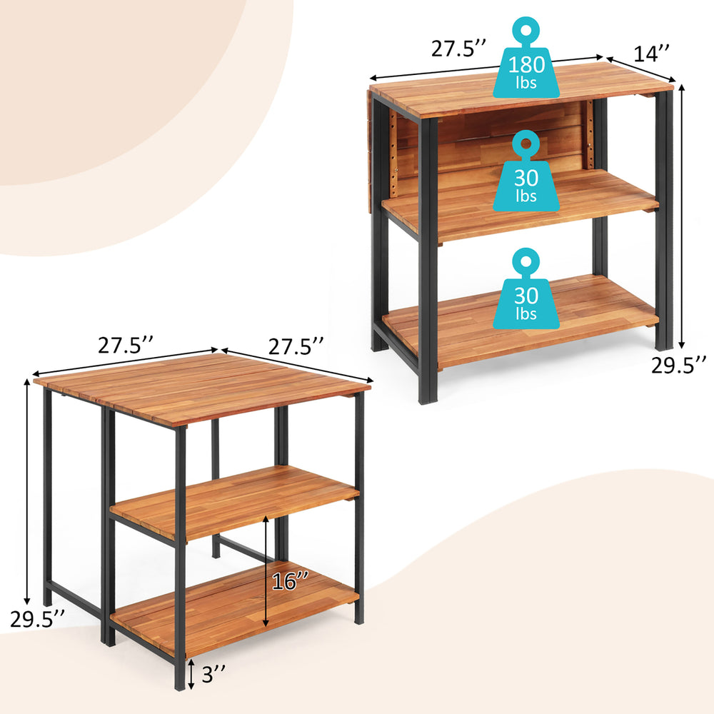 Patio Acacia Wood Folding Dining Table Storage Shelves Garden Deck Image 2