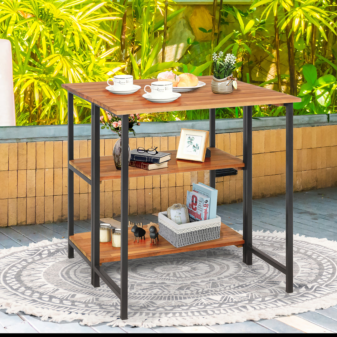 Patio Acacia Wood Folding Dining Table Storage Shelves Garden Deck Image 4