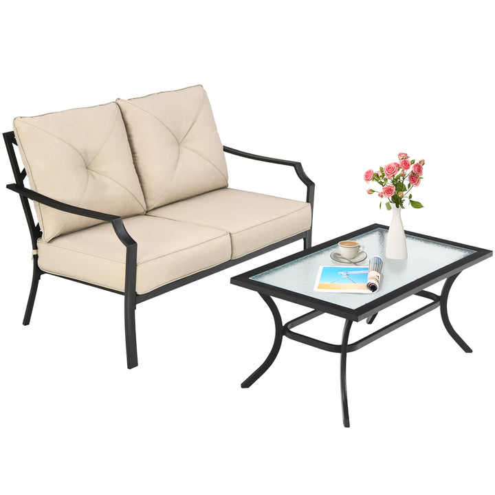 2 PCS Patio Loveseat with Coffee Table Outdoor Sofa Bench with Cushions Image 3