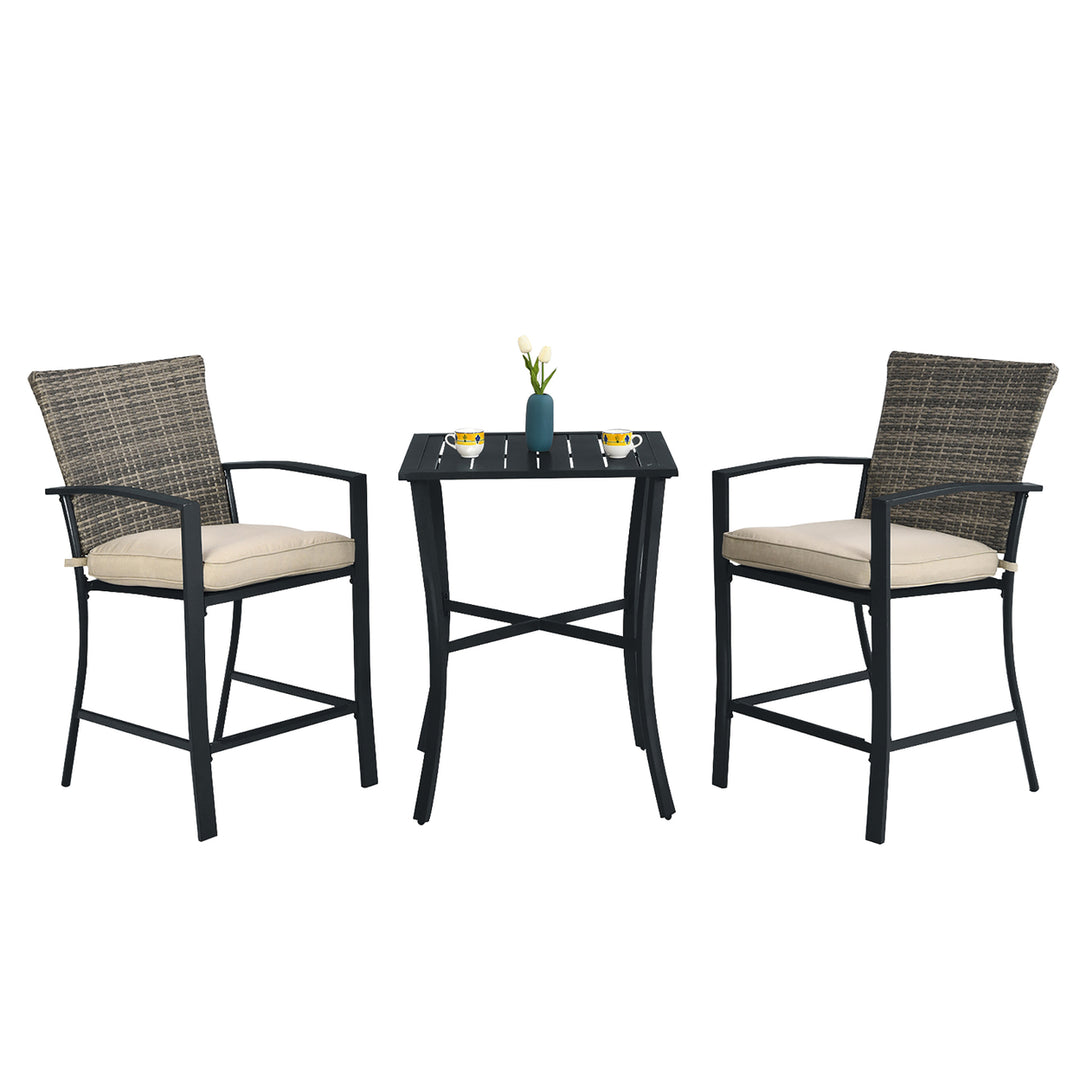 3PCS Patio Rattan Bar Furniture Set Slat Table 2 Cushioned Stools Poolside Gray Image 2