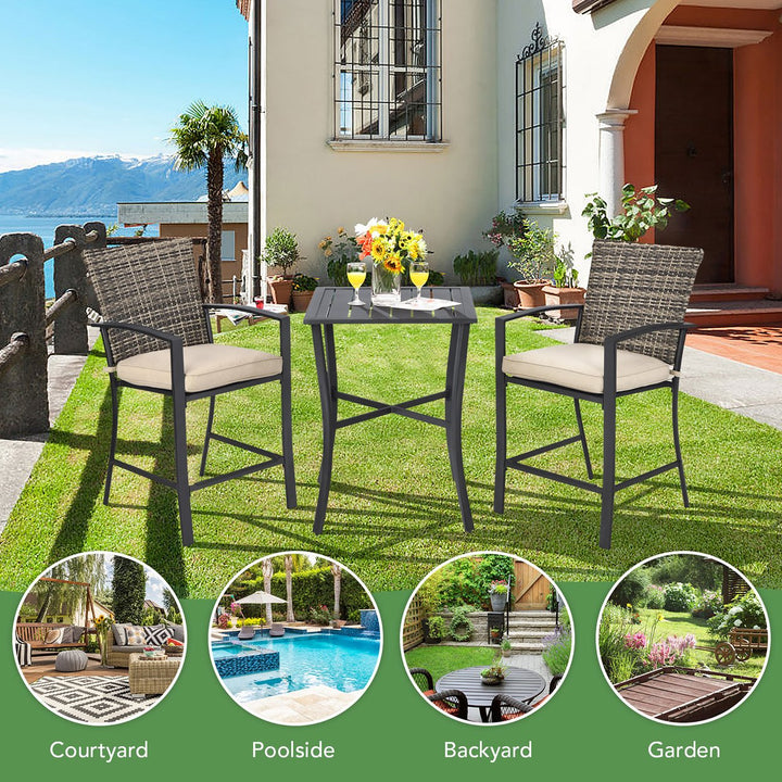 3PCS Patio Rattan Bar Furniture Set Slat Table 2 Cushioned Stools Poolside Gray Image 4