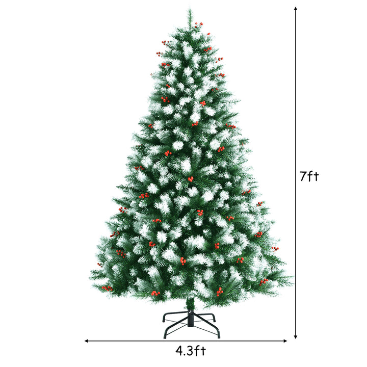 7ft Unlit Hinged Artificial Christmas Tree w/ Snow Flocked Tips and Red Berries Image 4