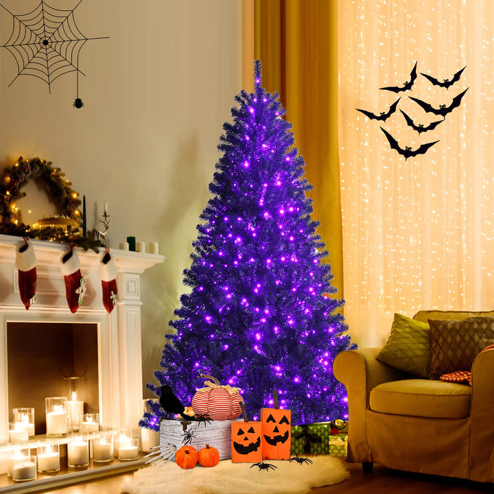 6ft Pre-lit PVC Christmas Halloween Tree Black w/ 250 Purple LED Lights Image 2