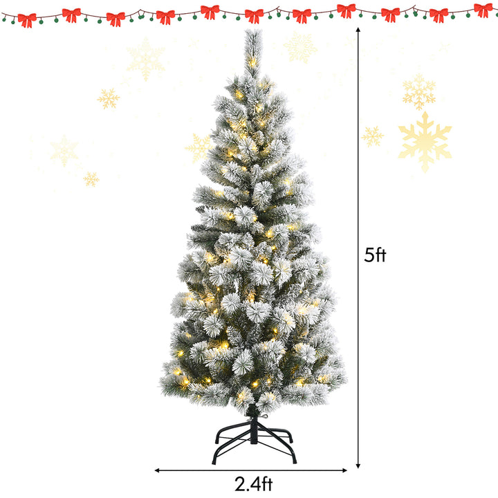 5FT Pre-Lit Hinged Christmas Tree Snow Flocked w/9 Modes Remote Control Lights Image 3