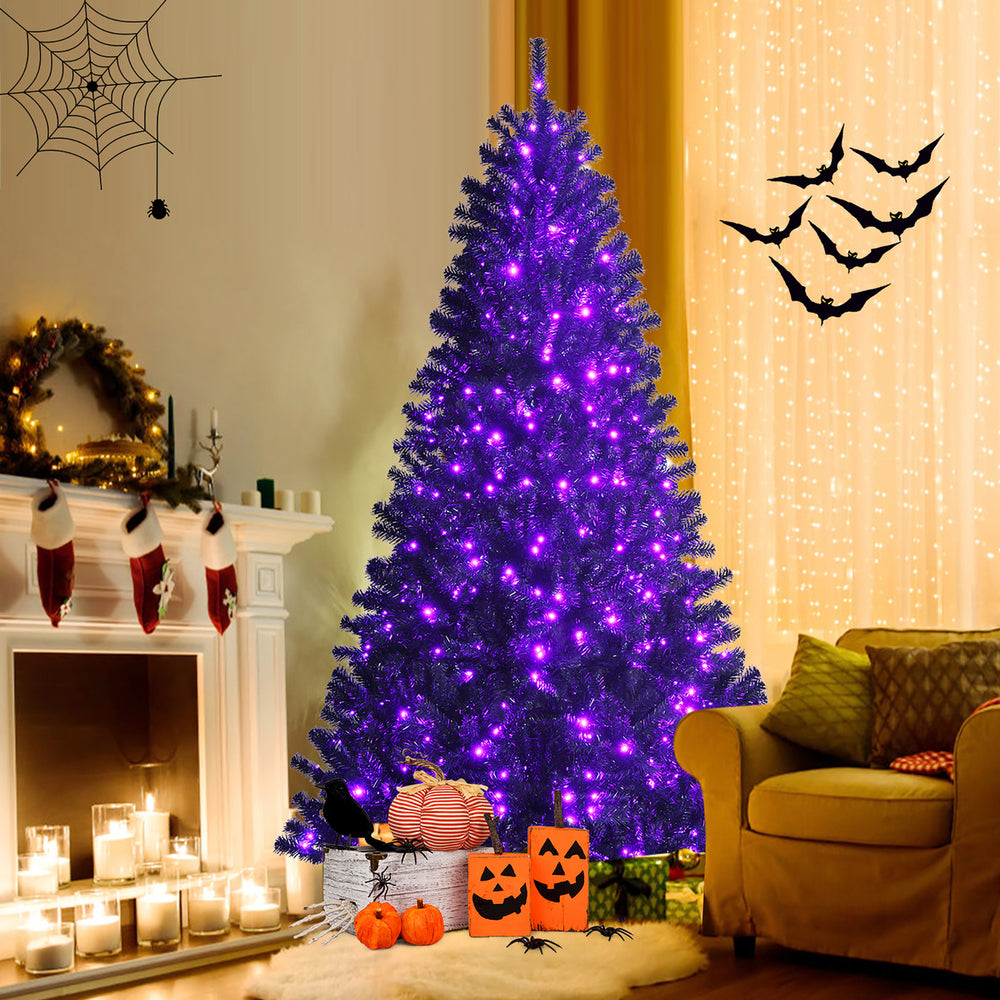 7ft Pre-lit PVC Christmas Tree Black w/ 500 Purple LED Lights Image 2