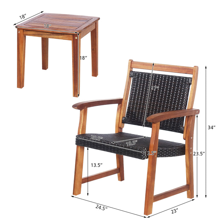 3PCS Patio Rattan Bistro Set Acacia Wood Frame Armrest Chairs Garden Image 3