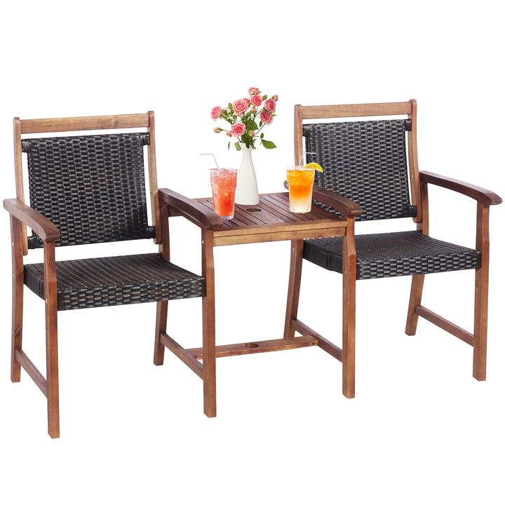 2-Seat Patio Rattan Bench Acacia Wood Frame Table W/Umbrella Hole Deck Image 3