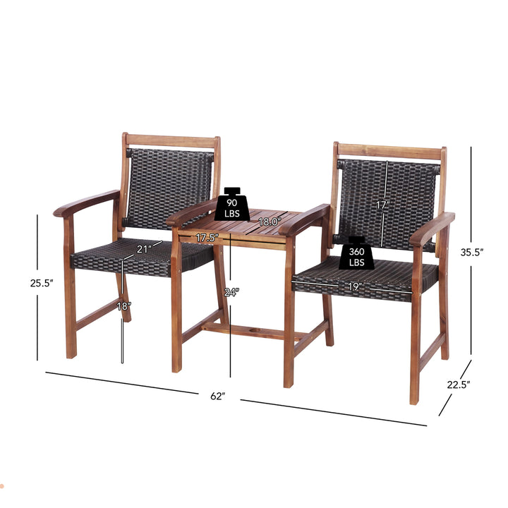 2-Seat Patio Rattan Bench Acacia Wood Frame Table W/Umbrella Hole Deck Image 4