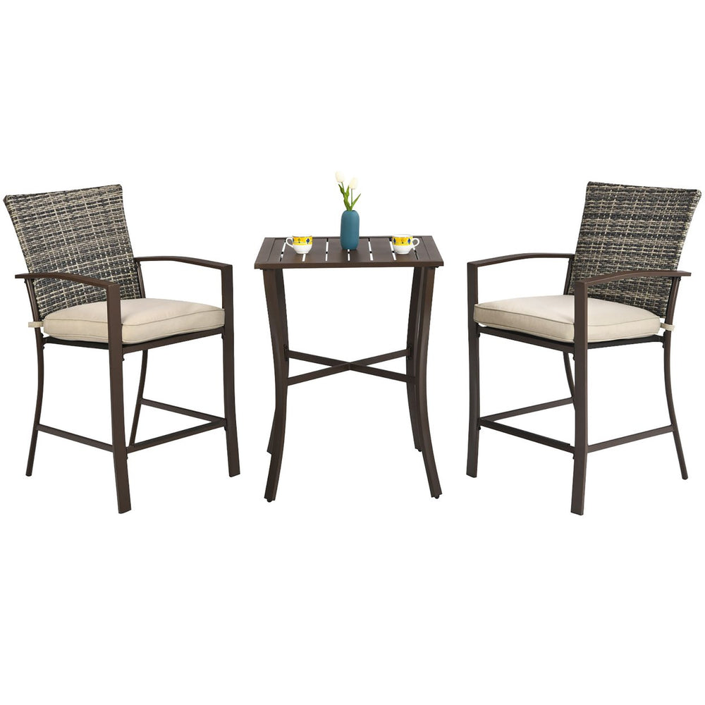 3PCS Patio Rattan Bar Furniture Set Slat Table 2 Cushioned Stools Poolside Brown Image 2