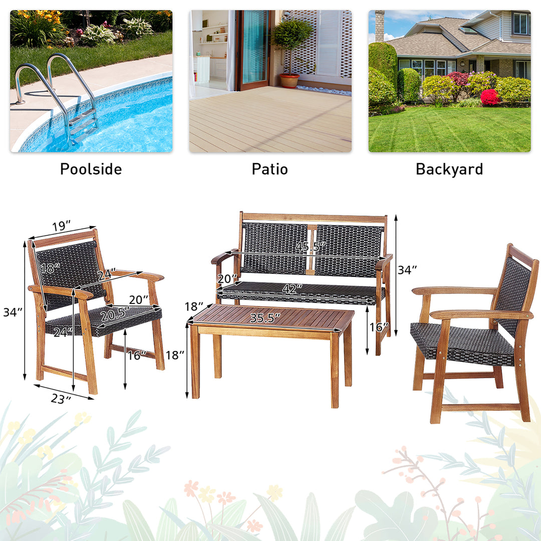 4 PCS Patio Rattan Furniture Set Acacia Wood Frame Sofa Loveseat Garden Image 4