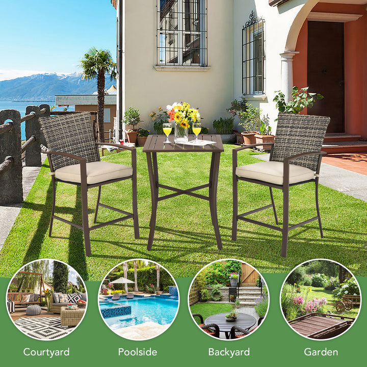 3PCS Patio Rattan Bar Furniture Set Slat Table 2 Cushioned Stools Poolside Brown Image 4