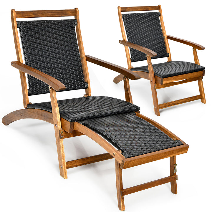 2PCS Patio Folding Rattan Lounge Chair Wood Frame Retractable Footrest Image 3