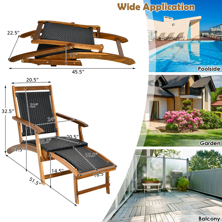 Patio Folding Rattan Lounge Chair Wooden Frame W/ Retractable Footrest Image 3