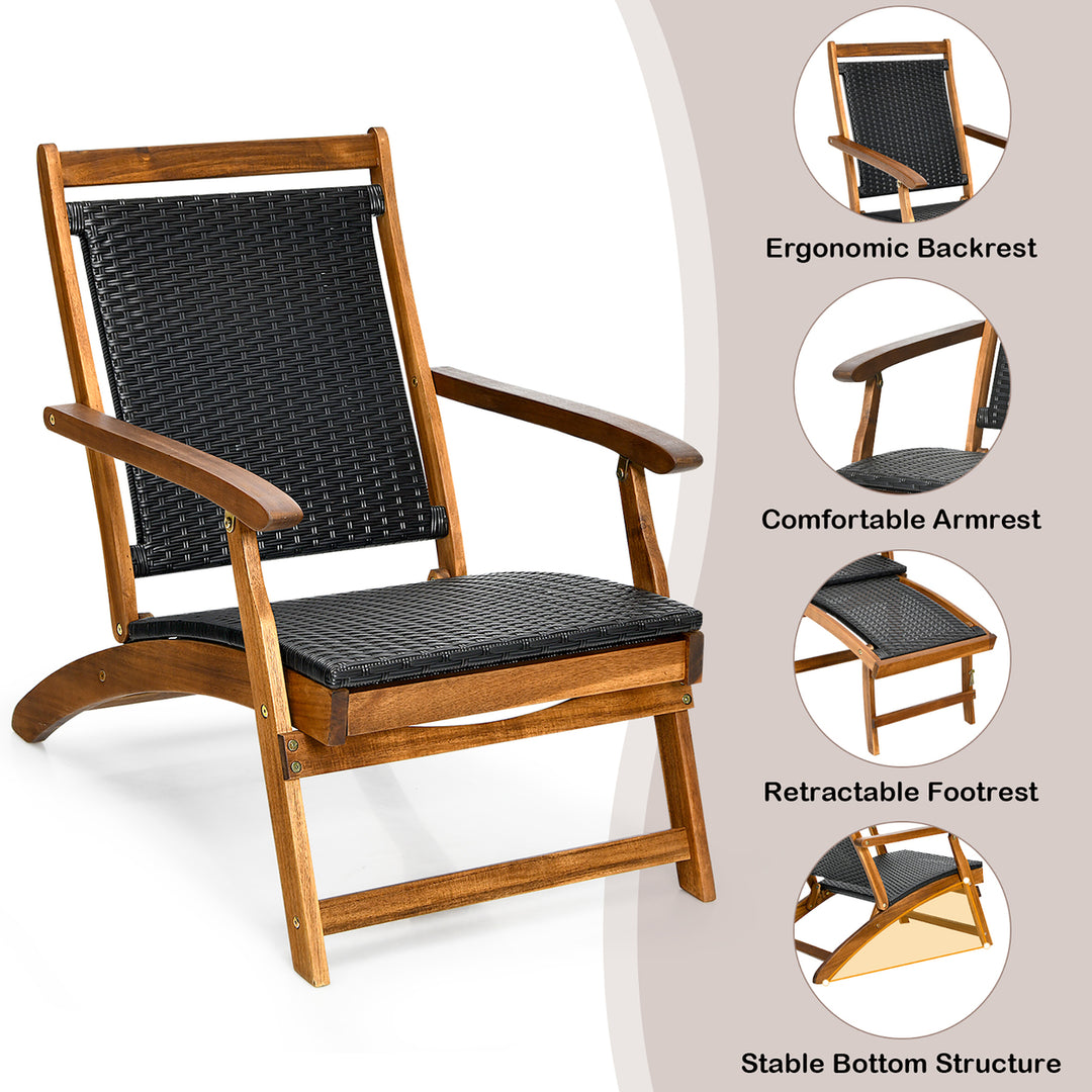 Patio Folding Rattan Lounge Chair Wooden Frame W/ Retractable Footrest Image 4