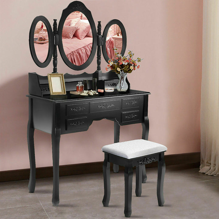 Costway Vanity Wood Makeup Dressing Table Stool 4 Drawers Black/White Image 3