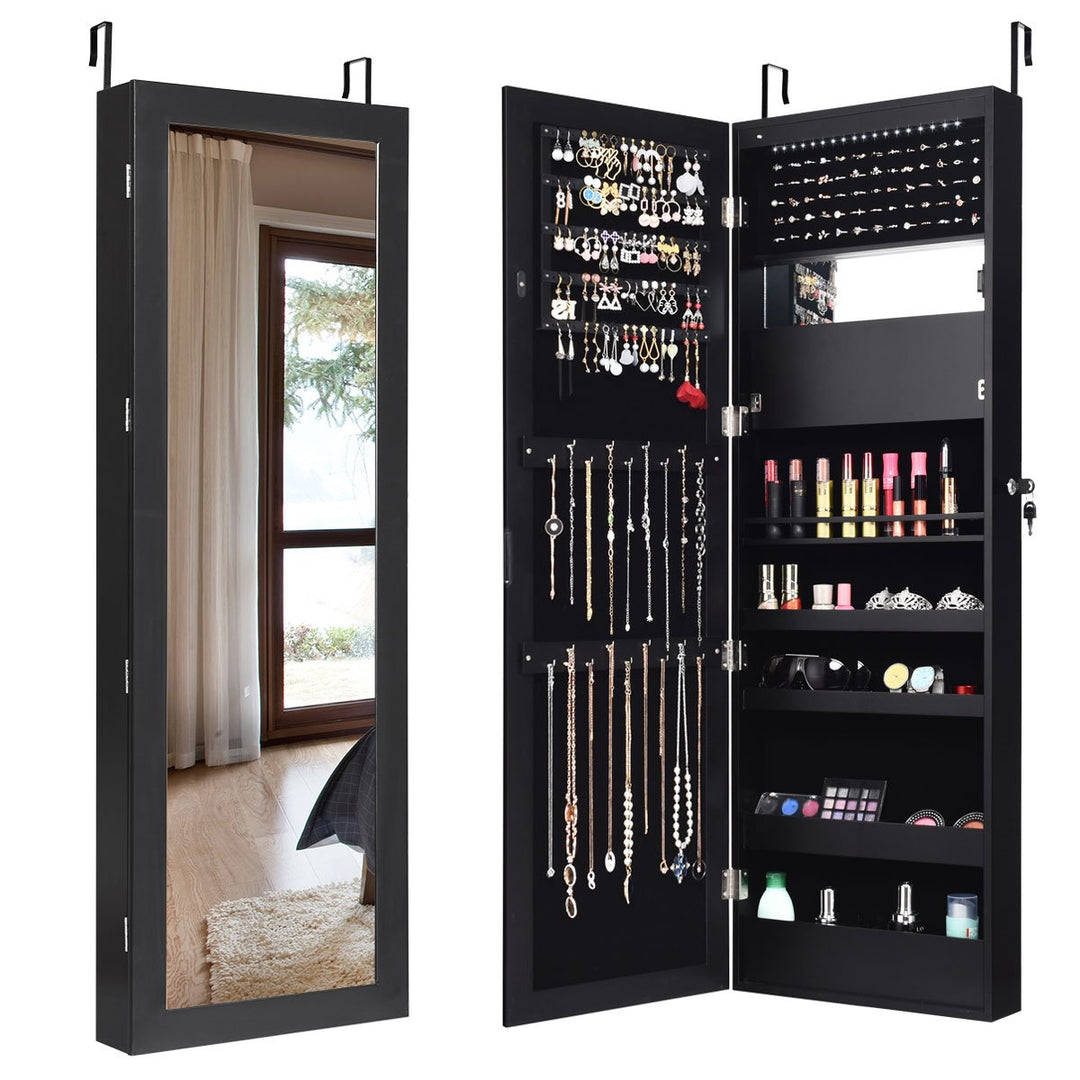 Costway Wall Door Mounted Mirror Jewelry Cabinet Organizer LED Lights Image 1