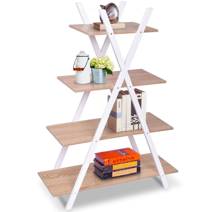 Costway 4-Tier Bookshelf Storage Display Shelves Bookcase Ladder X-Shape Image 1