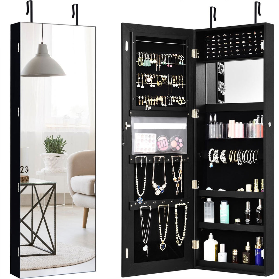 Costway WallandDoor Mounted Jewelry Cabinet Storage Organizer Mirror WhiteBrownBlack Image 1