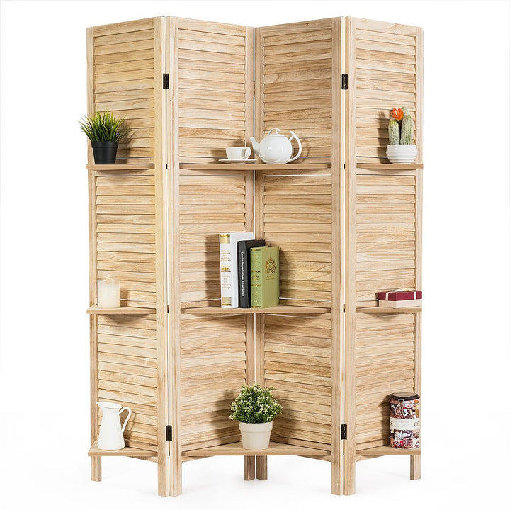 Costway 4 Panel Folding Room Divider Screen W/3 Display Shelves 5.6 Ft Tall WhiteNatural Image 1