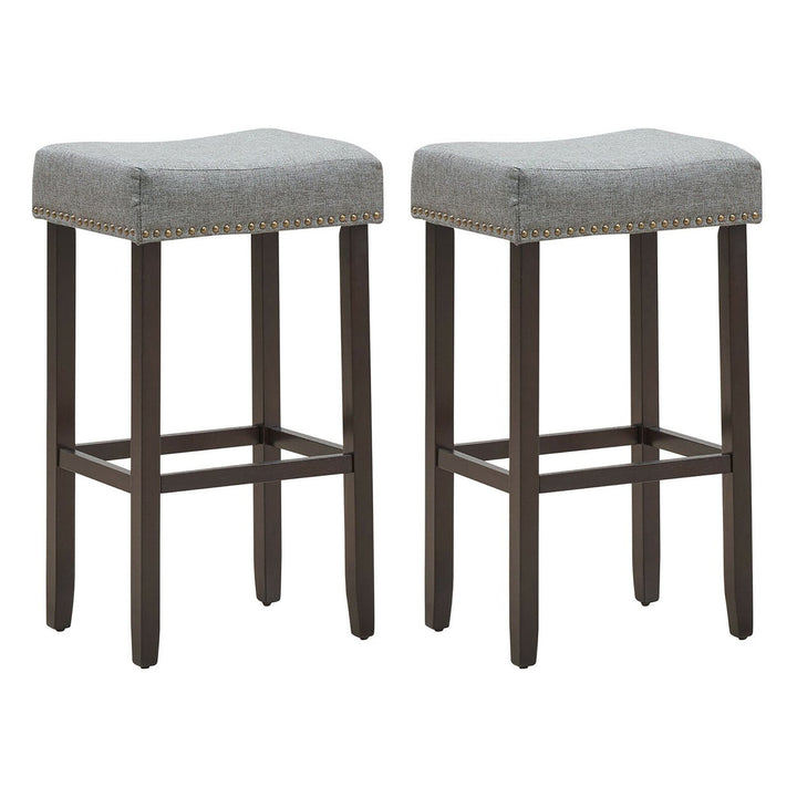 Costway Set of 2 Nailhead Saddle Bar Stools 29.5 Height w/ Fabric Seat and Wood Legs GrayBeige Image 1