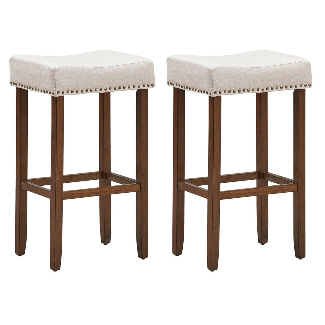 Costway Set of 2 Nailhead Saddle Bar Stools 29.5 Height w/ Fabric Seat and Wood Legs GrayBeige Image 1