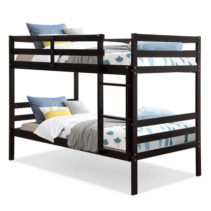 Costway Twin Over Twin Wood Bunk Beds Ladder Safety Rail EspressoWhite Image 1