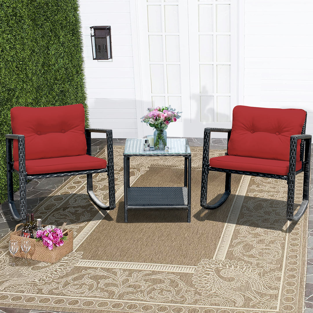 Costway 3-Piece Patio Wicker Bistro Furniture Set w/ 2 Rocking Chairs, Glass Side Table, Cushions Red/Beige Image 6