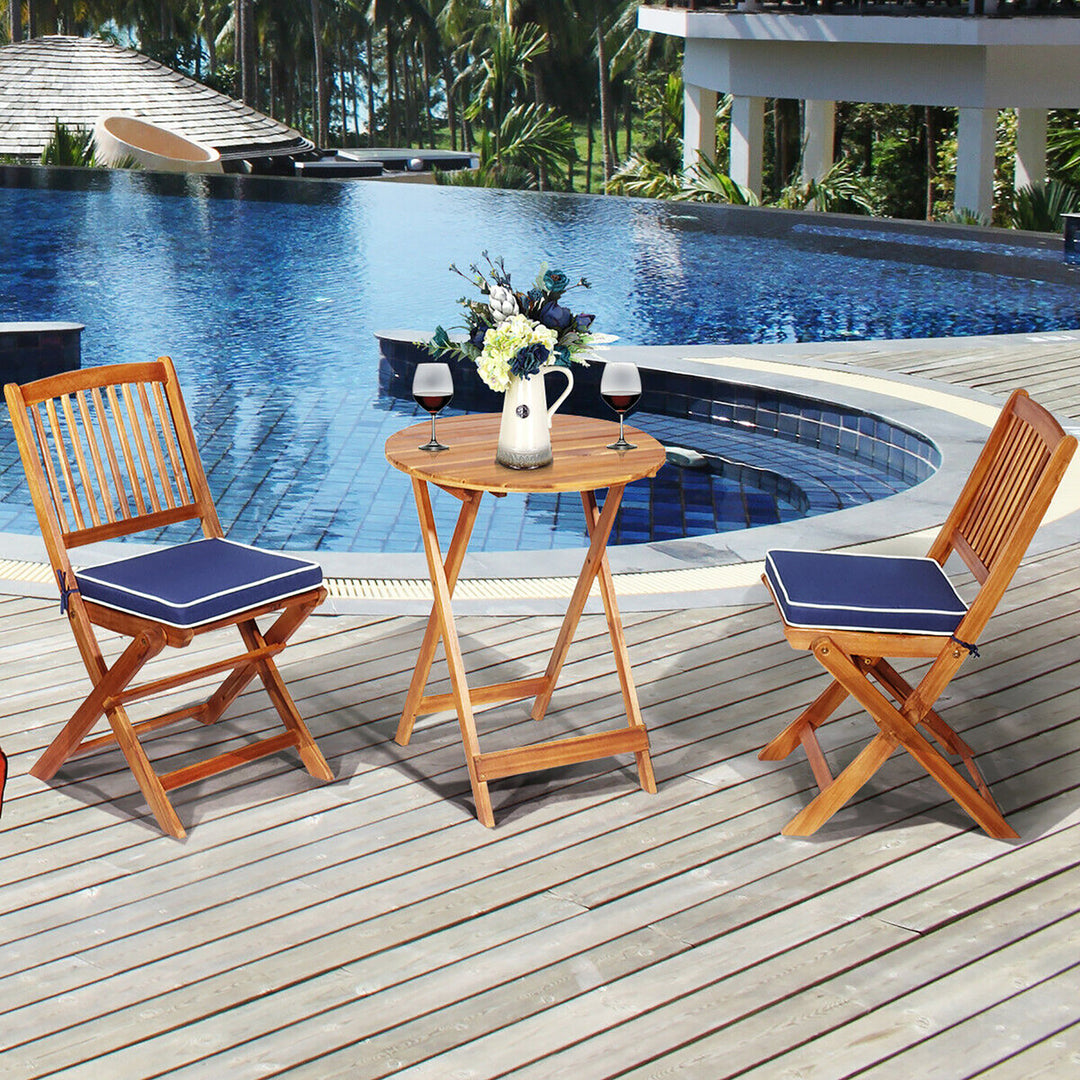 3PCS Patio Folding Wooden Bistro Set Cushioned Chair Conversation Cushion Image 1