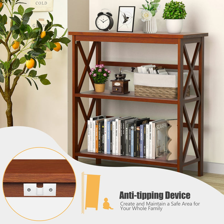 Costway Wooden Shelf Bookcase 3-Tier Open Bookshelf W/X-Design Freestanding Rack BlackBrownNaturalWhite Image 3