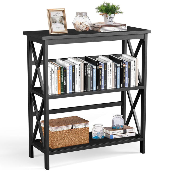 Costway Wooden Shelf Bookcase 3-Tier Open Bookshelf W/X-Design Freestanding Rack BlackBrownNaturalWhite Image 4