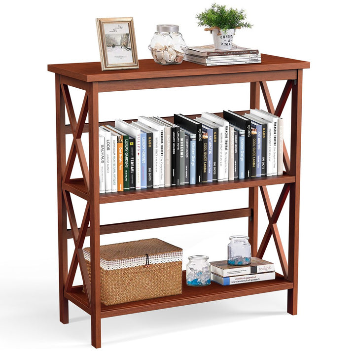 Costway Wooden Shelf Bookcase 3-Tier Open Bookshelf W/X-Design Freestanding Rack BlackBrownNaturalWhite Image 5