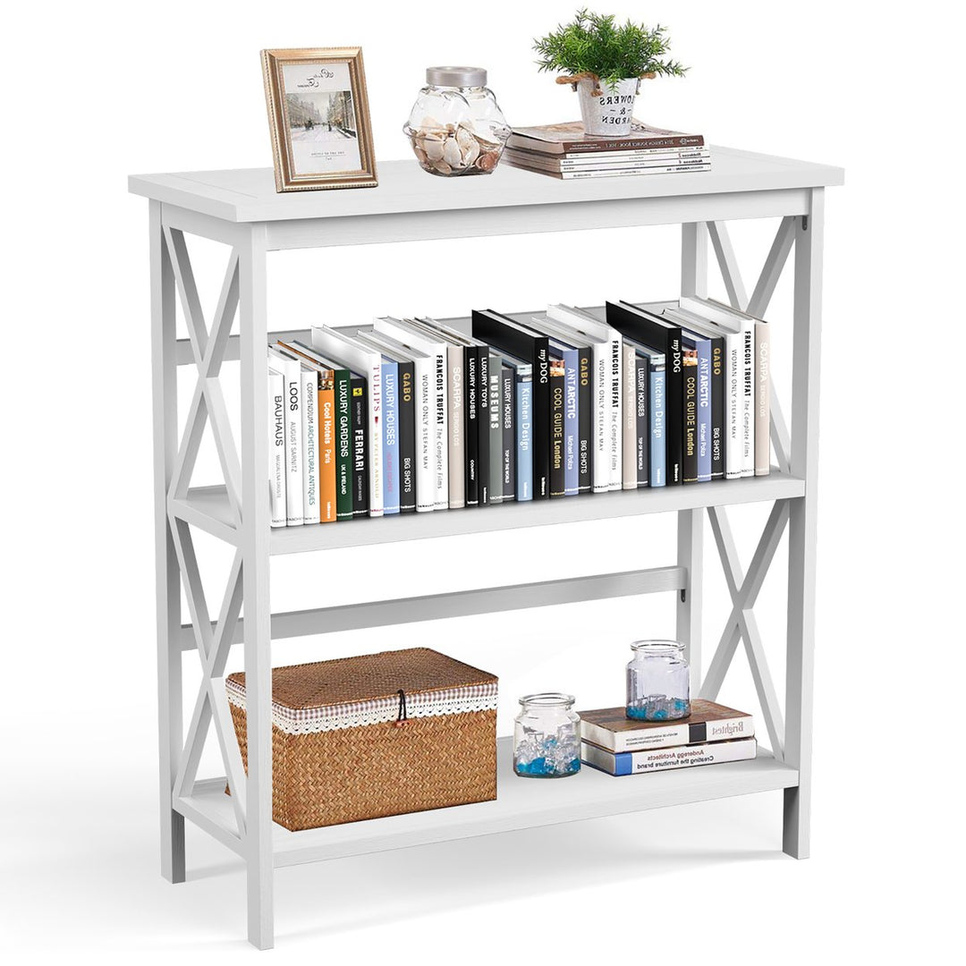 Costway Wooden Shelf Bookcase 3-Tier Open Bookshelf W/X-Design Freestanding Rack BlackBrownNaturalWhite Image 6