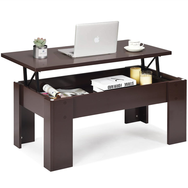 Costway Lift Top Coffee Table Pop-UP Cocktail Table w/Hidden Compartment and Shelf White\ Brown Image 1