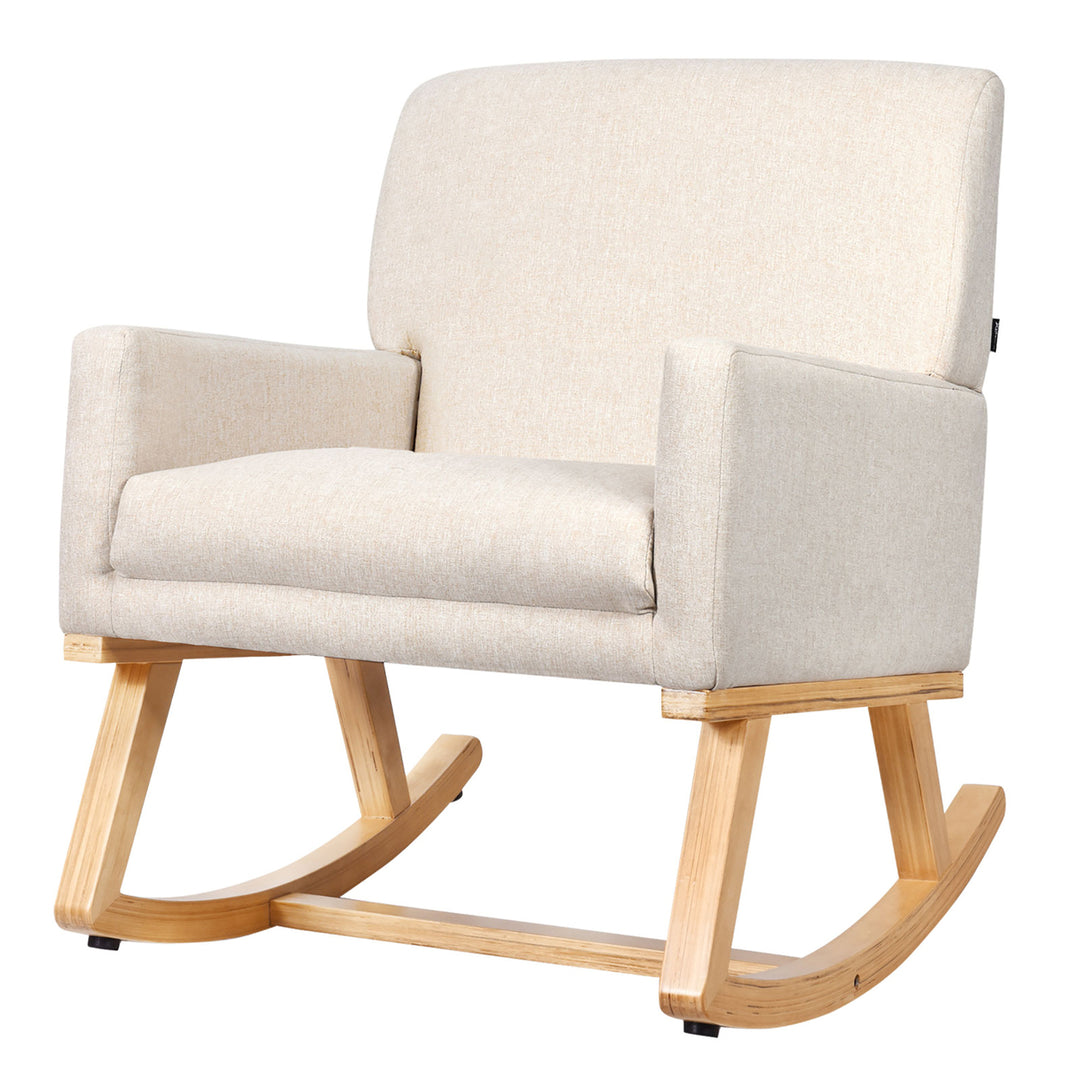 Costway Mid Century Rocking Chair Upholstered Armchair w/ Lumbar Support BeigeGray Image 5