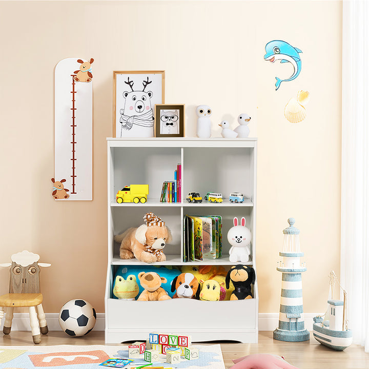 Costway 3-Tier Childrens Multi-Functional Bookcase Toy Storage Bin Floor Cabinet GreyWhite Image 2