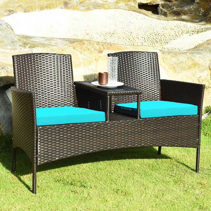 Patio Rattan Conversation Set Loveseat Sofa Cushioned Coffee Table Turquois\Red Image 2