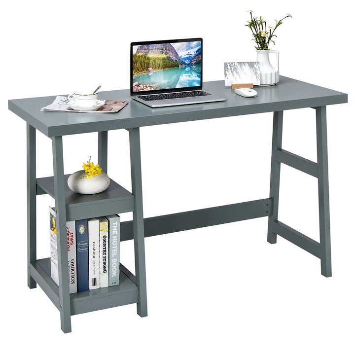 Costway Trestle Computer Desk Home Office Workstation w/Removable Shelves Vintage BlueWhite Image 1