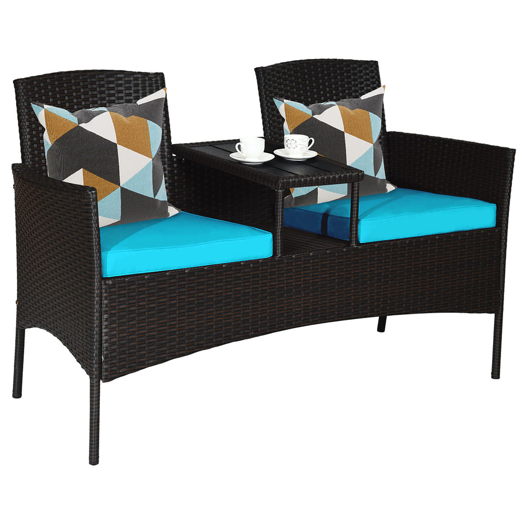 Patio Rattan Conversation Set Loveseat Sofa Cushioned Coffee Table Turquois\Red Image 3