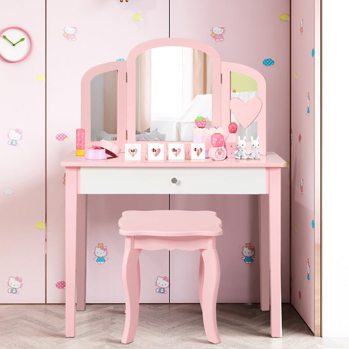 Costway Kids Vanity Set Princess Makeup Dressing Play Table Set W/Mirror White\ Pink Image 1